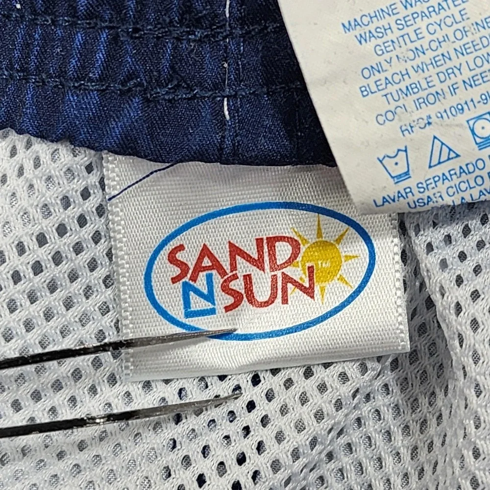 Sand N Sun Swim Trunks Mens 2XL Blue Palm Tree Hawaiian Lined Elastic Waist Surf